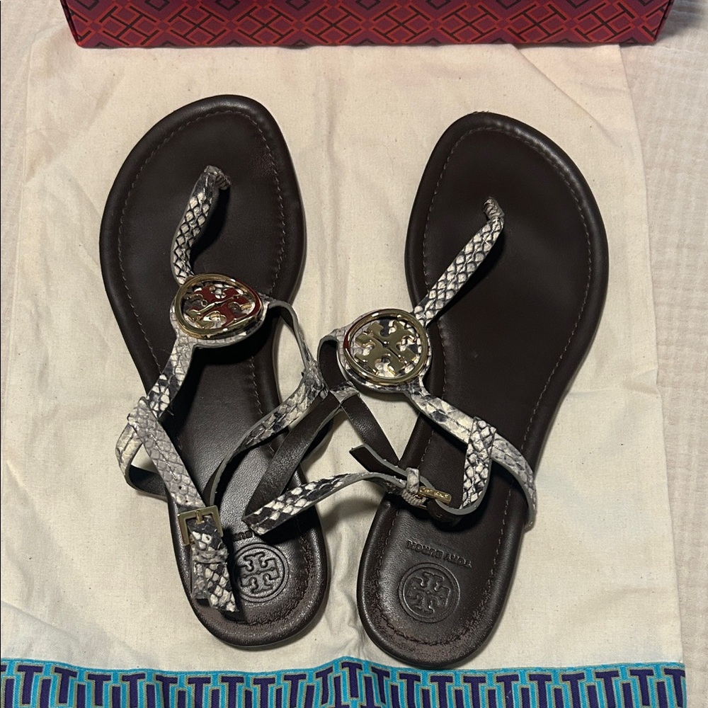 Tory Burch Black and Cream Women's snakeskin Sandals. Kept in duster